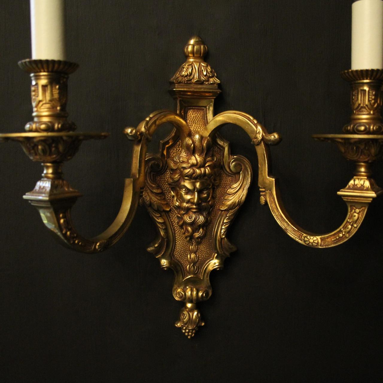 French Pair of Gilded Bronze Bacchus Twin Arm Antique Wall Lights 1