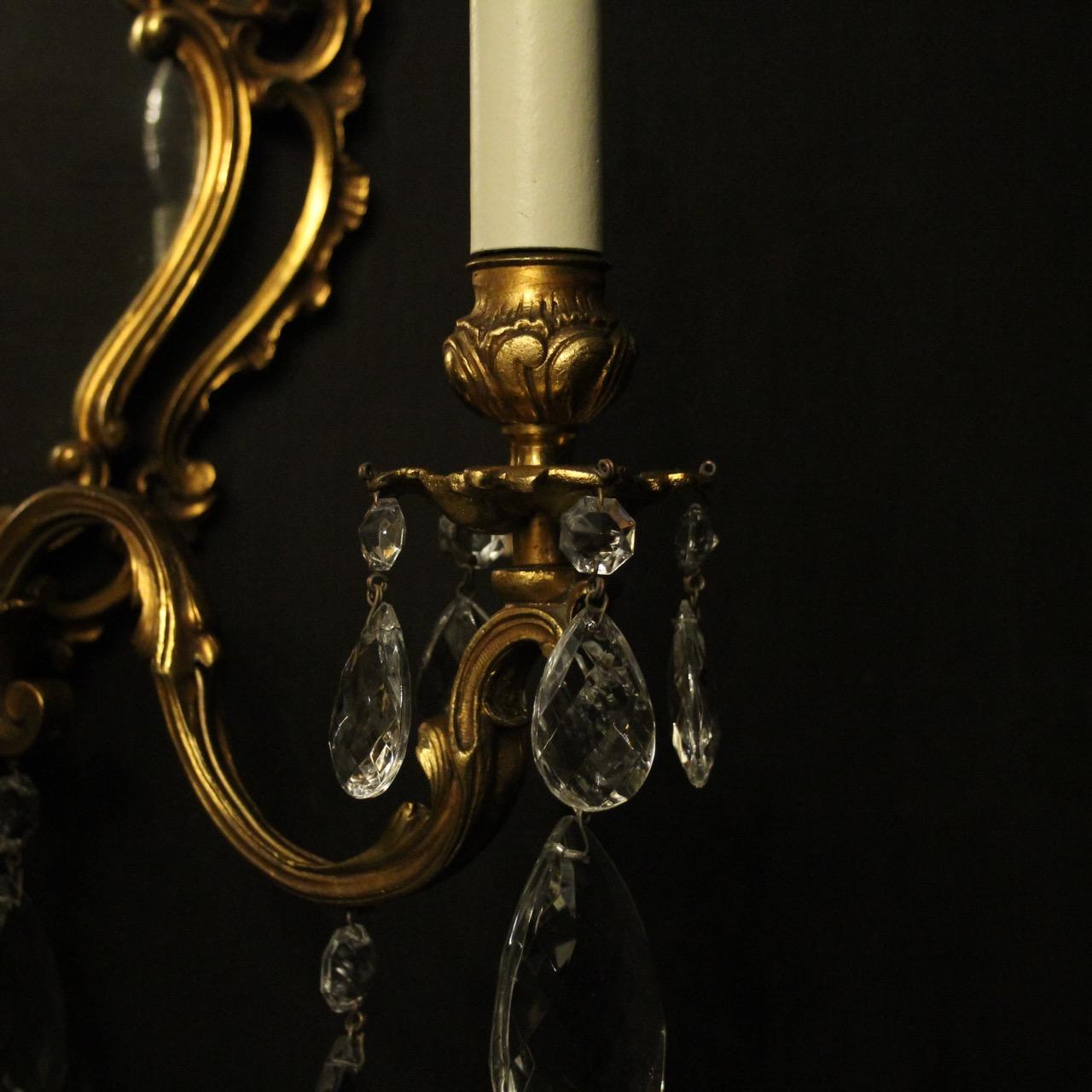 French Pair of Gilded Bronze and Crystal Antique Girandoles (Vergoldet)