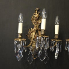 French Pair of Gilded Bronze and Crystal Triple Arm Antique Wall Lights