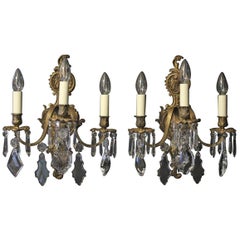 French Pair of Gilded Bronze and Crystal Triple Arm Antique Wall Lights