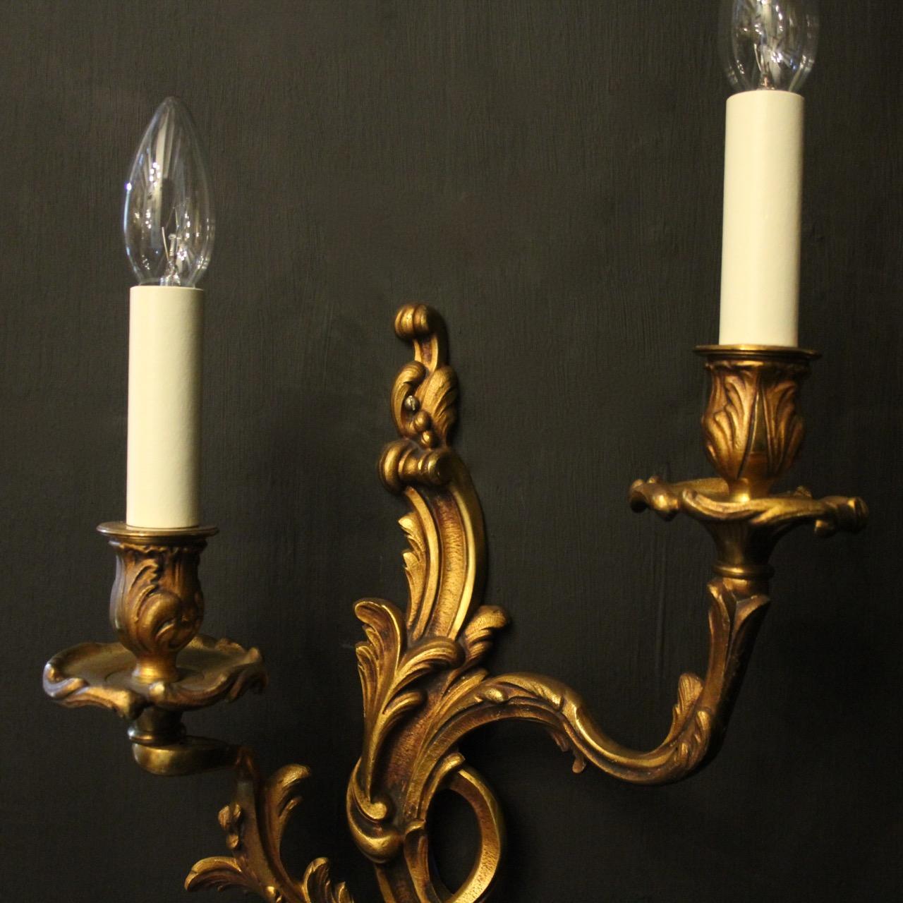 Rococo French Pair of Gilded Bronze Twin Arm Antique Wall Lights