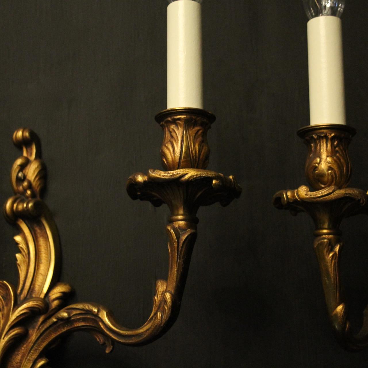 Gilt French Pair of Gilded Bronze Twin Arm Antique Wall Lights