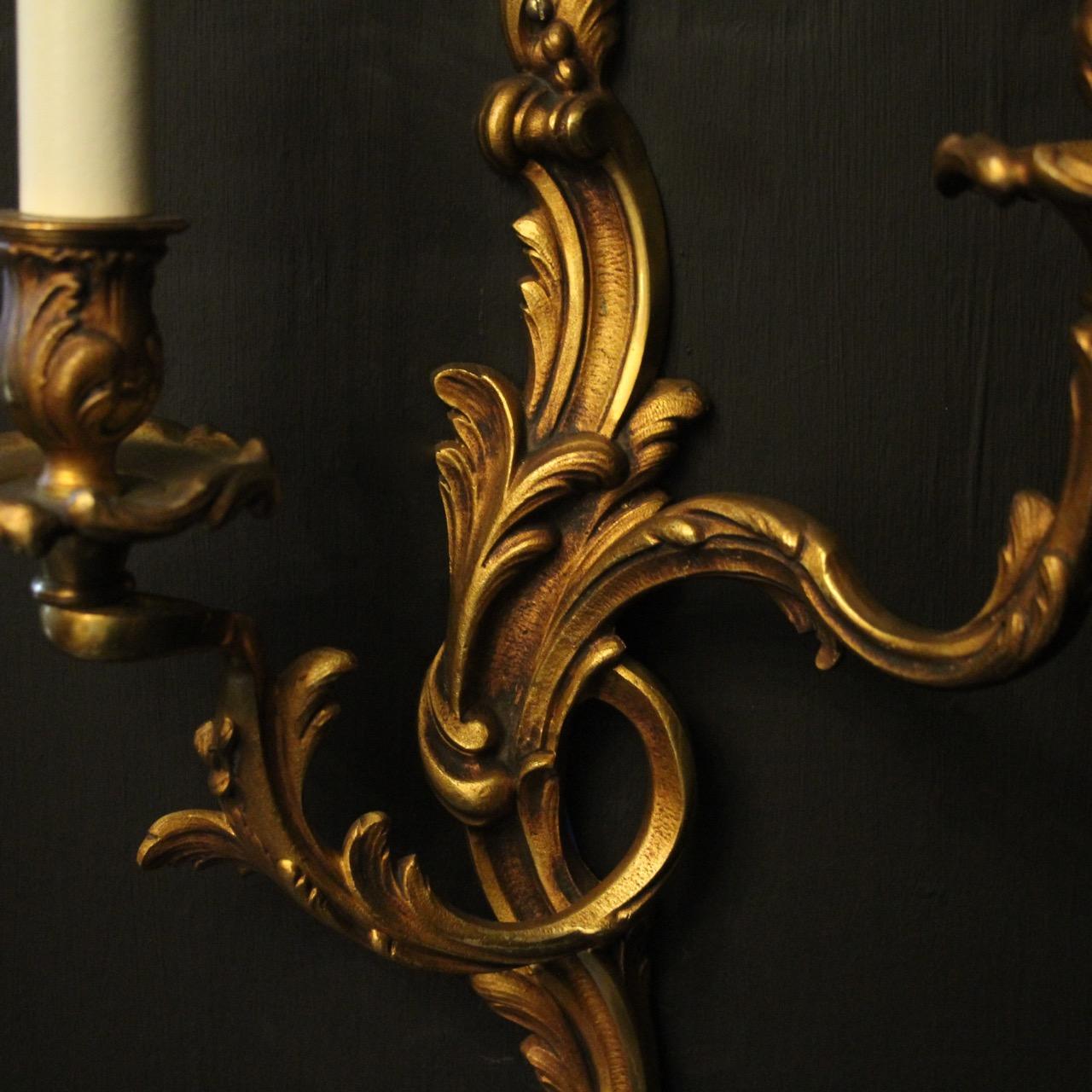 French Pair of Gilded Bronze Twin Arm Antique Wall Lights In Fair Condition In Chester, GB