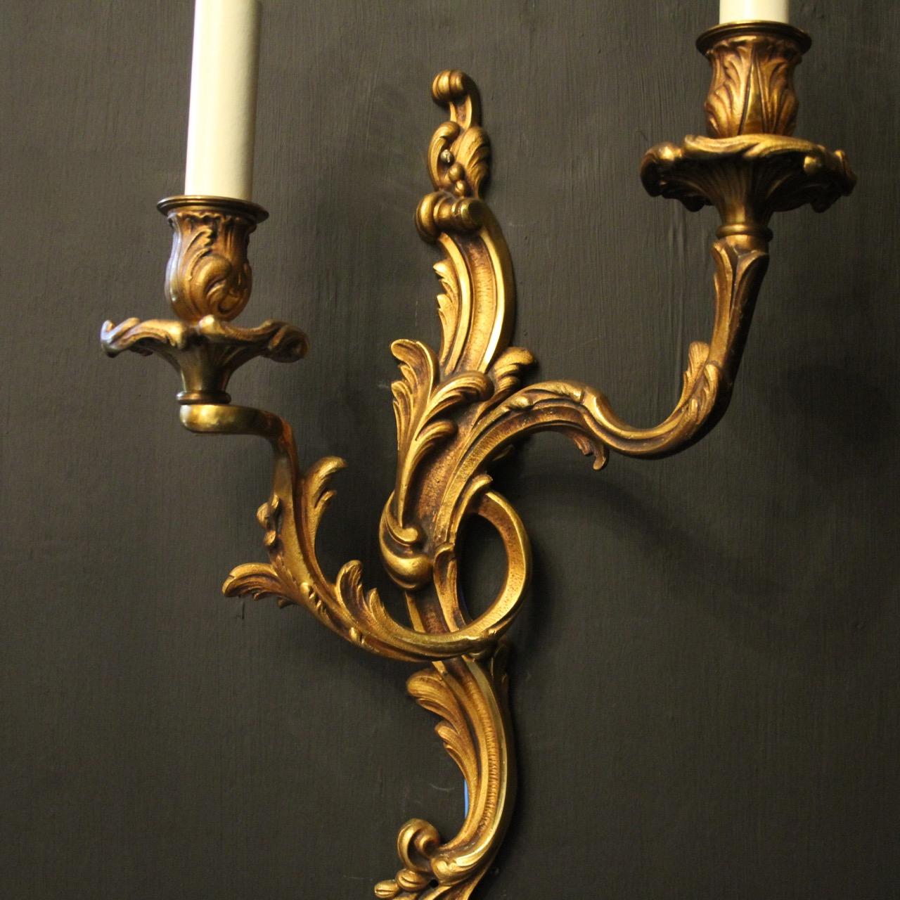 French Pair of Gilded Bronze Twin Arm Antique Wall Lights 1