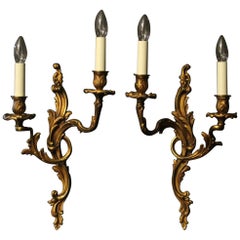 French Pair of Gilded Bronze Twin Arm Antique Wall Lights