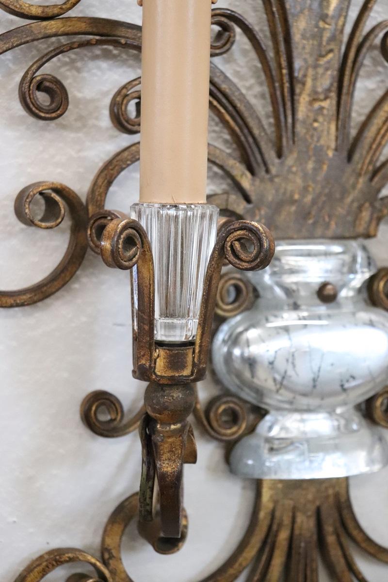 French Pair of Gilded Iron and Crystal Sconces by Maison Baguès, 1950s For Sale 6
