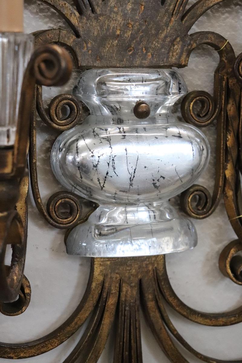 French Pair of Gilded Iron and Crystal Sconces by Maison Baguès, 1950s For Sale 7