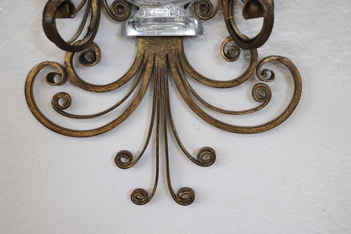 French Pair of Gilded Iron and Crystal Sconces by Maison Baguès, 1950s For Sale 8