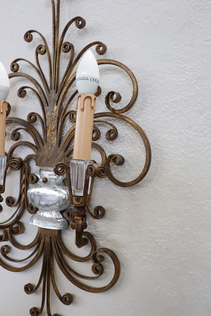 French Pair of Gilded Iron and Crystal Sconces by Maison Baguès, 1950s For Sale 9