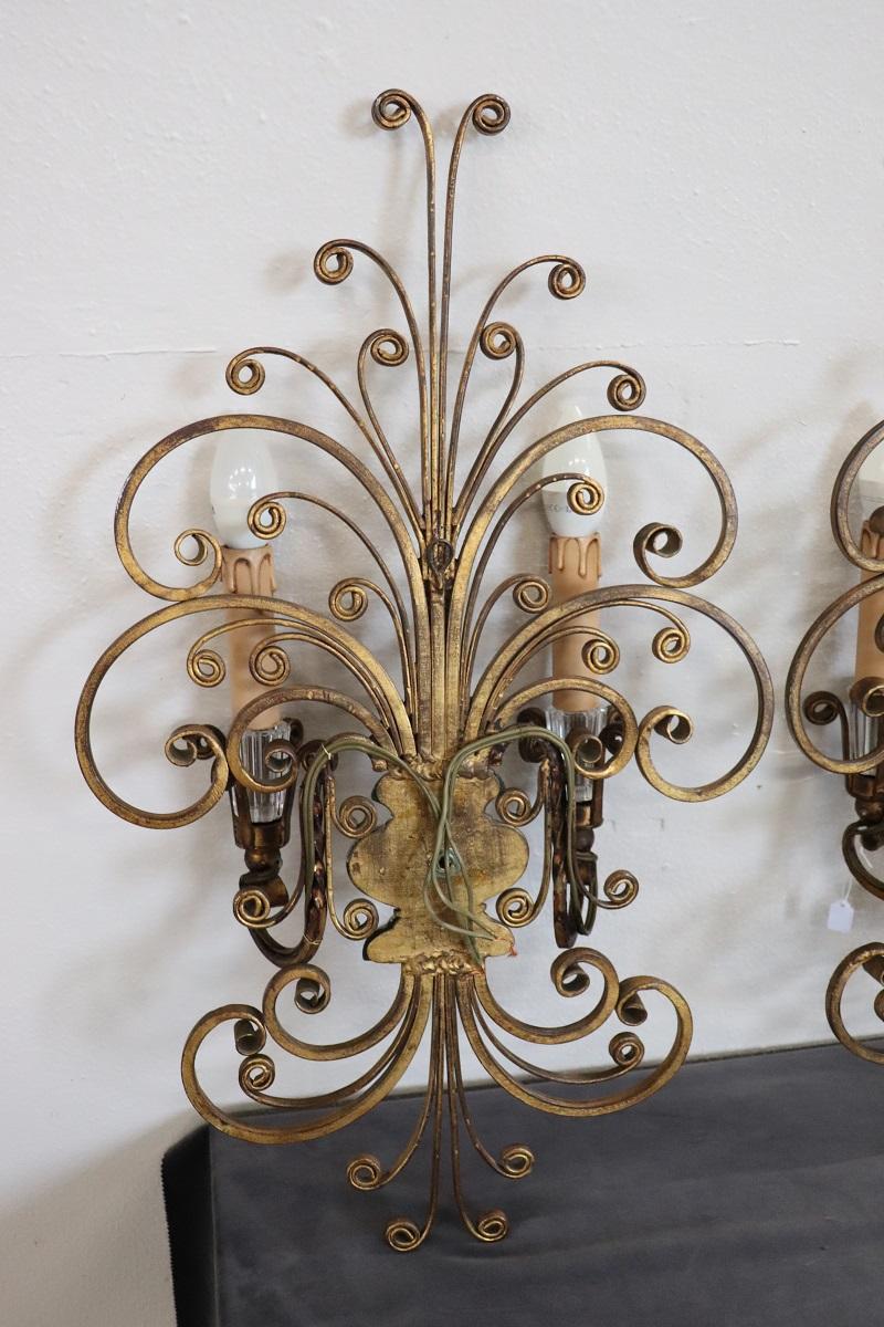 French Pair of Gilded Iron and Crystal Sconces by Maison Baguès, 1950s For Sale 10