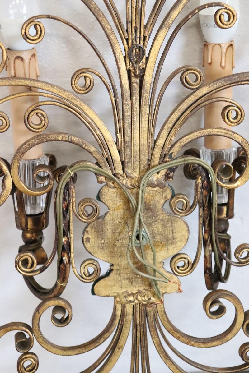 French Pair of Gilded Iron and Crystal Sconces by Maison Baguès, 1950s For Sale 11