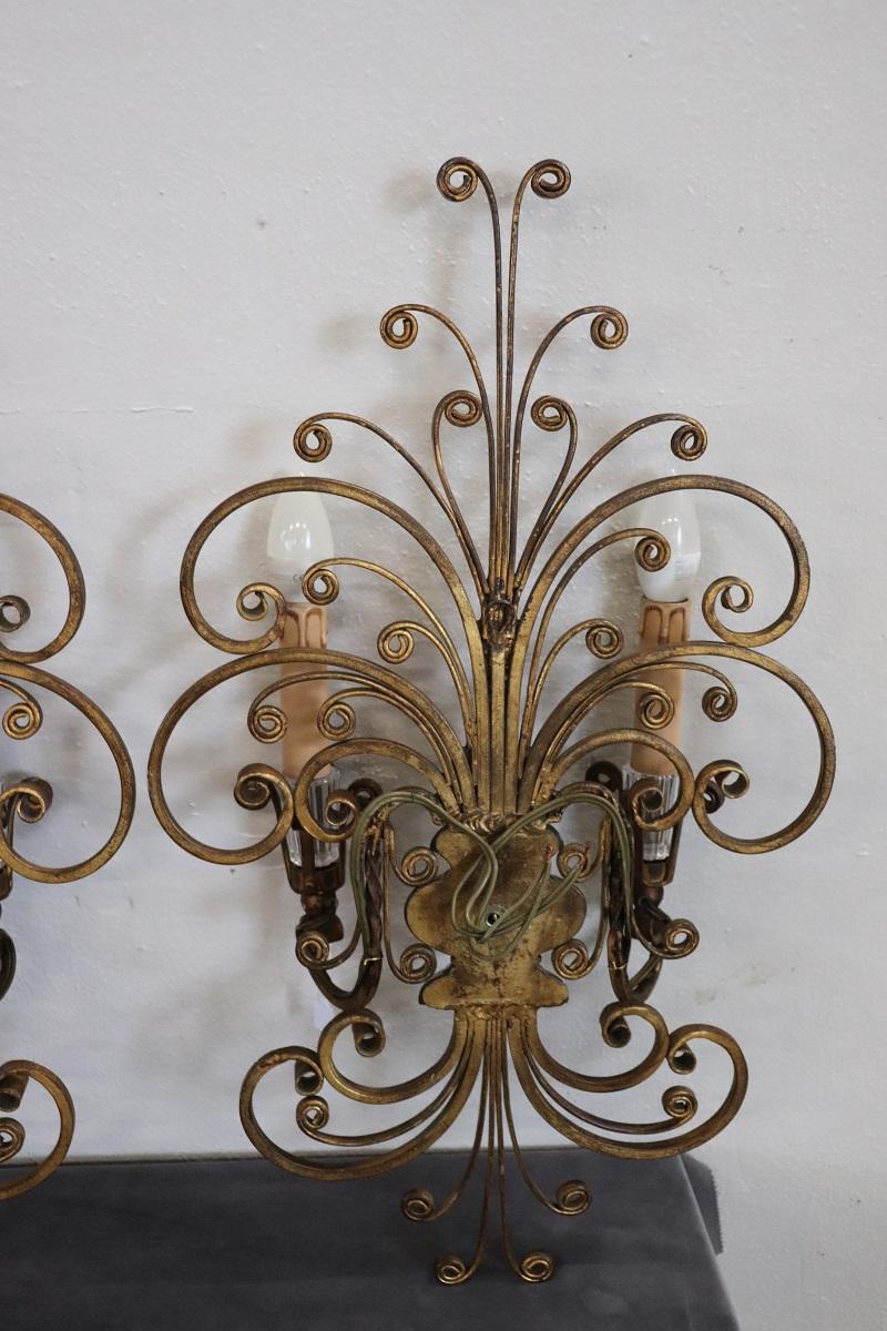 French Pair of Gilded Iron and Crystal Sconces by Maison Baguès, 1950s For Sale 12