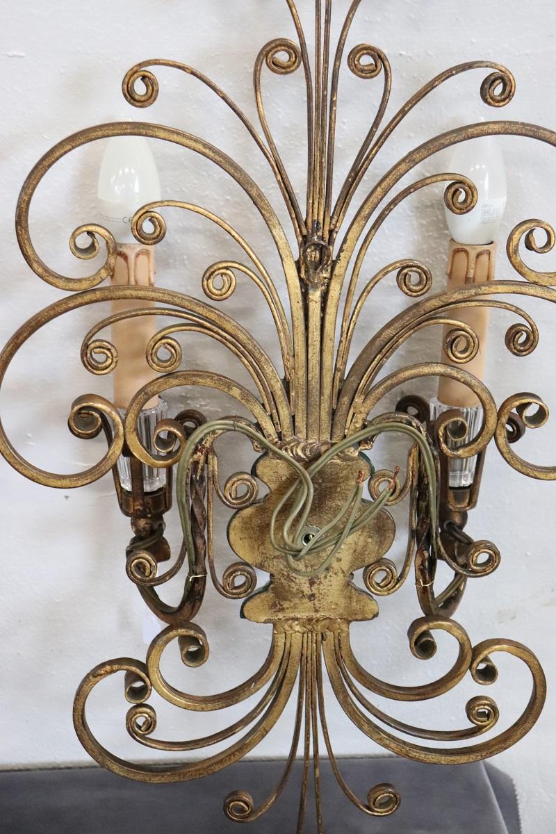 French Pair of Gilded Iron and Crystal Sconces by Maison Baguès, 1950s For Sale 13