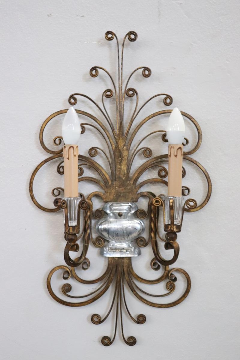 French Pair of Gilded Iron and Crystal Sconces by Maison Baguès, 1950s In Excellent Condition For Sale In Casale Monferrato, IT