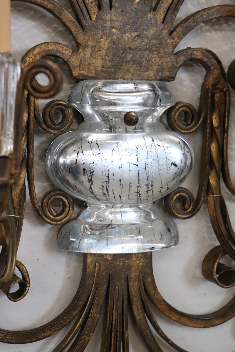 French Pair of Gilded Iron and Crystal Sconces by Maison Baguès, 1950s For Sale 1