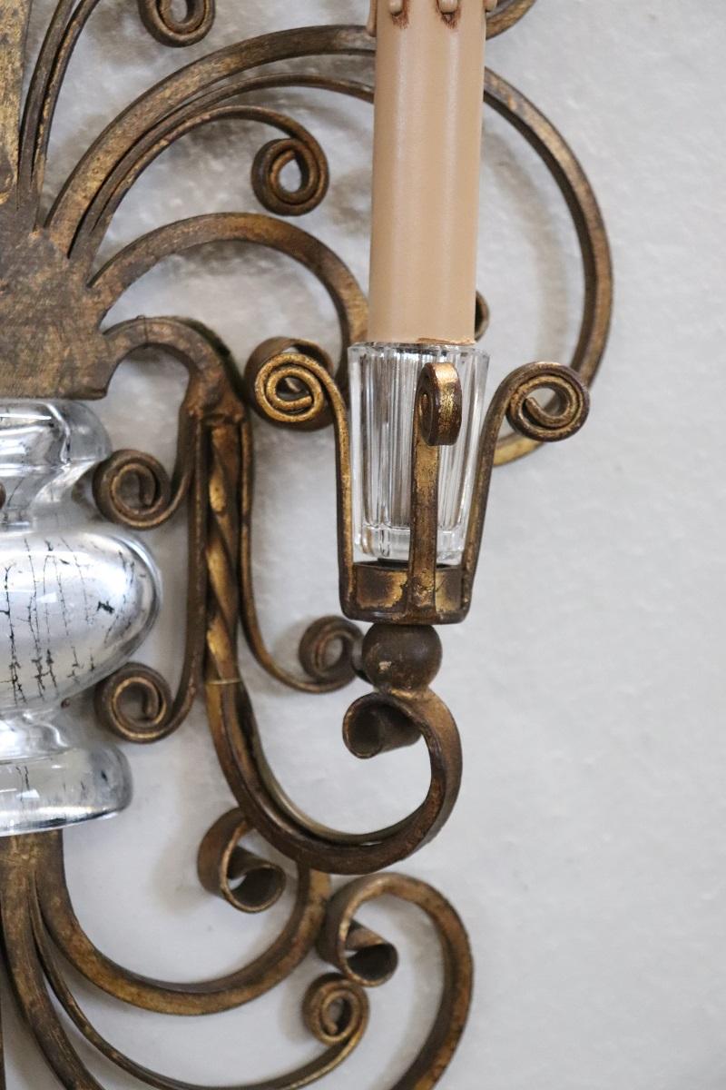 French Pair of Gilded Iron and Crystal Sconces by Maison Baguès, 1950s For Sale 2