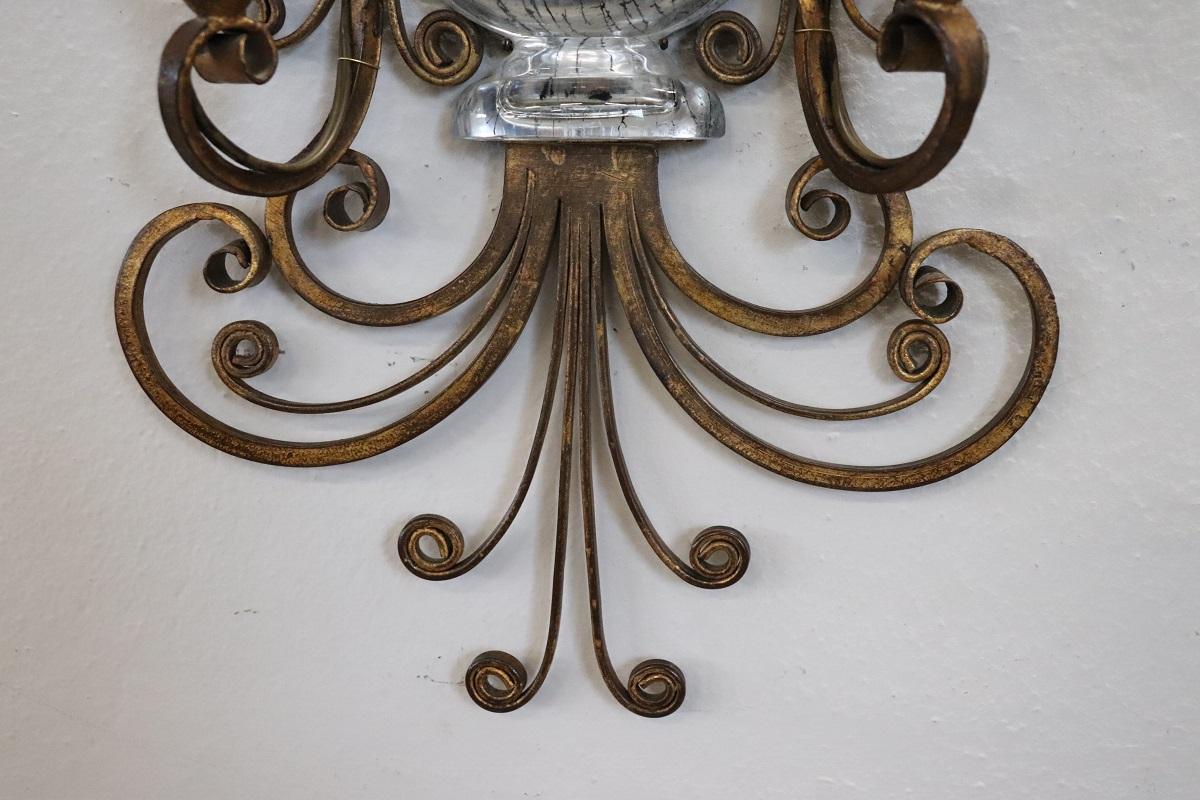 French Pair of Gilded Iron and Crystal Sconces by Maison Baguès, 1950s For Sale 3