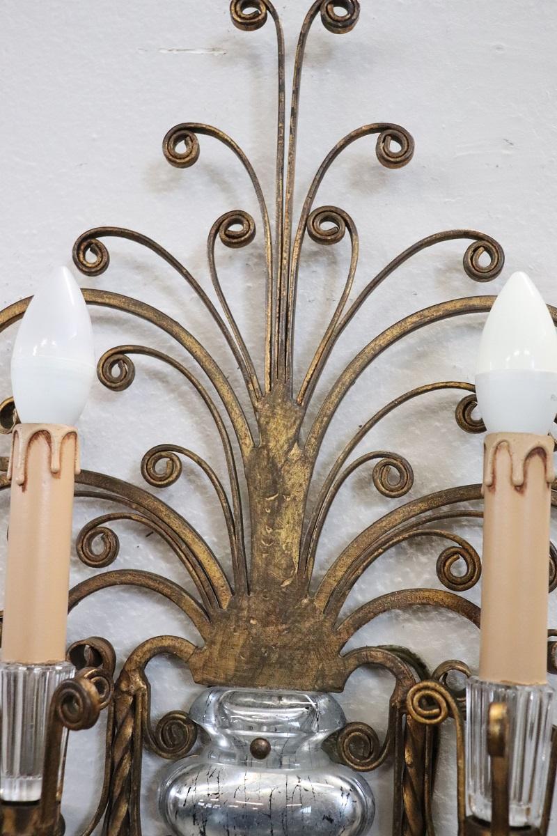 French Pair of Gilded Iron and Crystal Sconces by Maison Baguès, 1950s For Sale 4