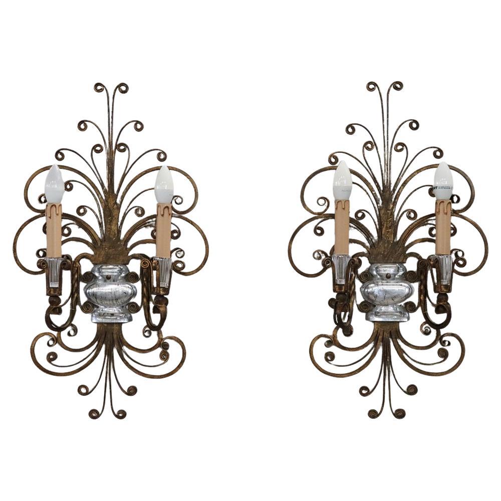 French Pair of Gilded Iron and Crystal Sconces by Maison Baguès, 1950s For Sale