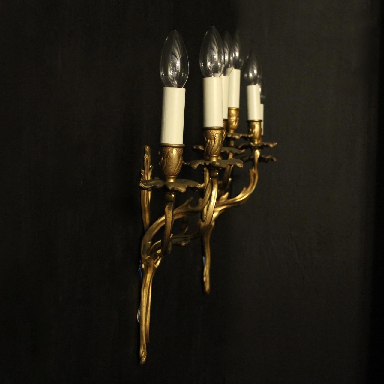 French Pair Of Gilded Triple Arm Antique Wall Lights For Sale 3