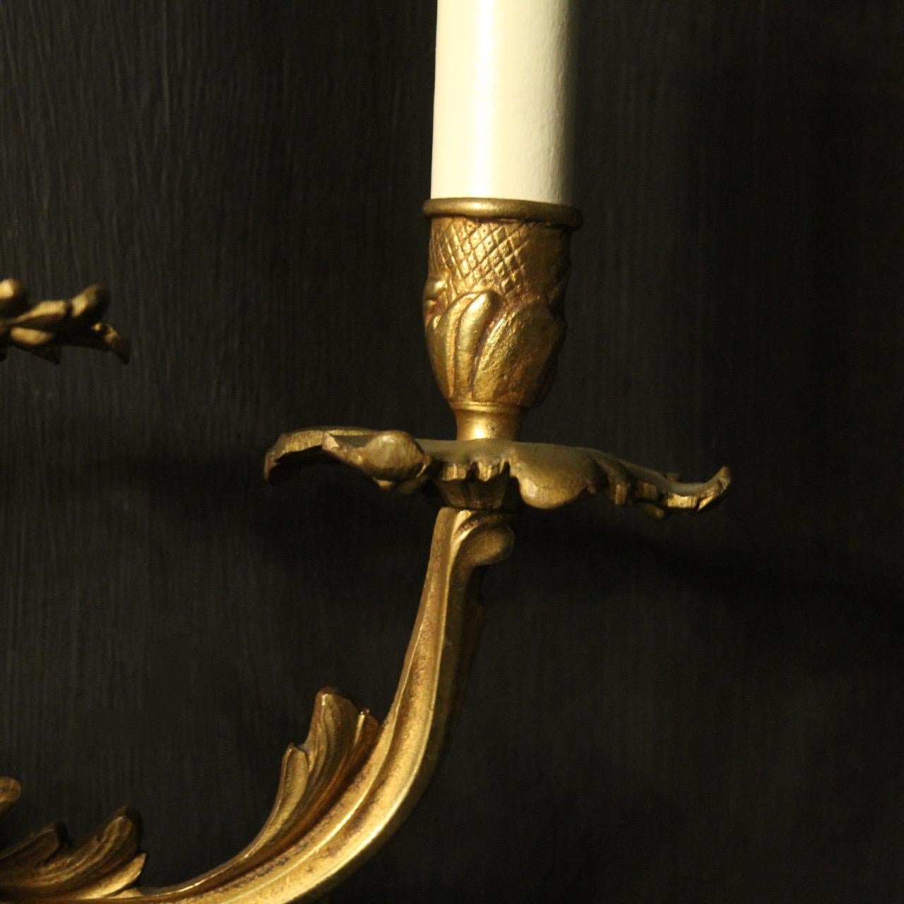 Brass French Pair Of Gilded Triple Arm Antique Wall Lights For Sale