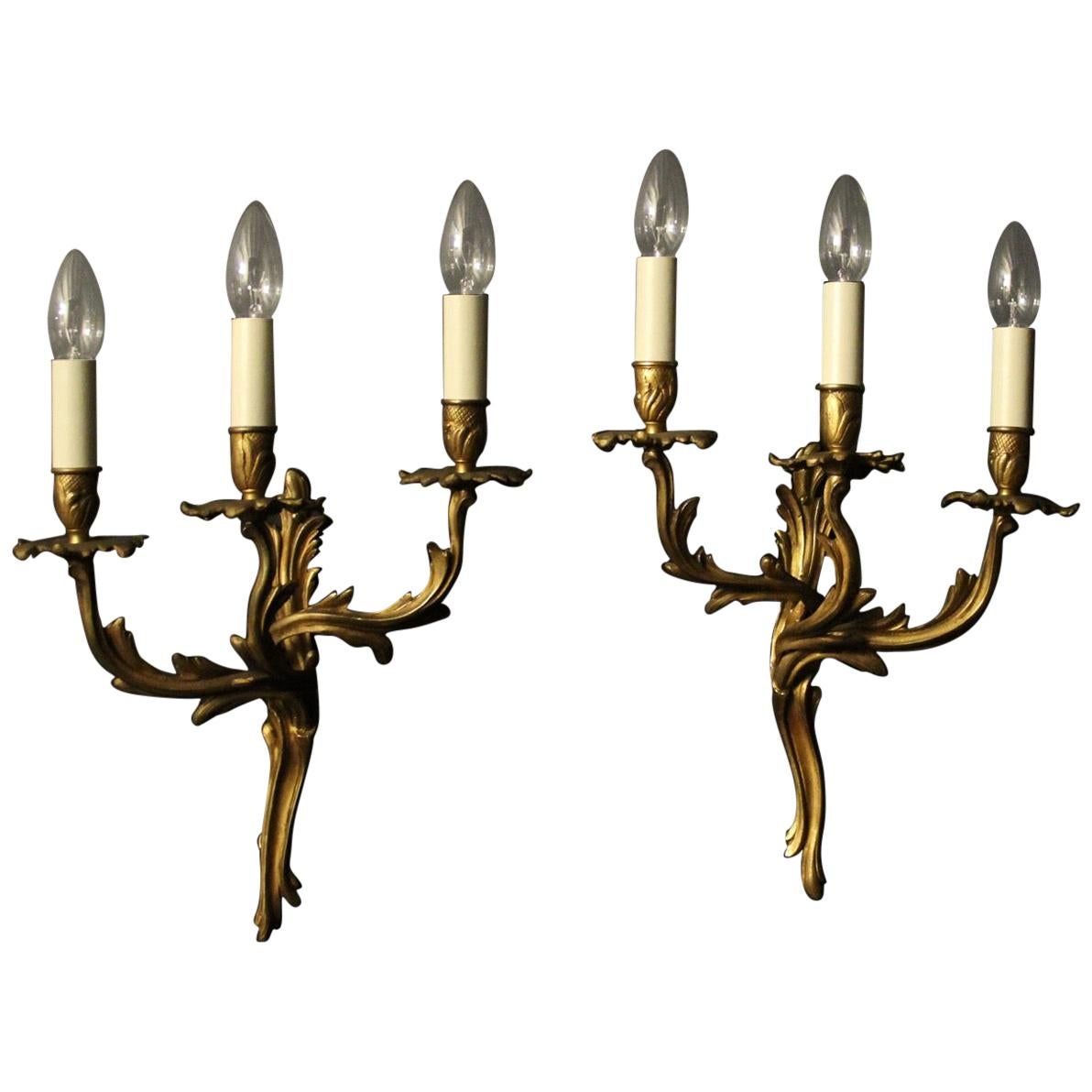 French Pair Of Gilded Triple Arm Antique Wall Lights For Sale