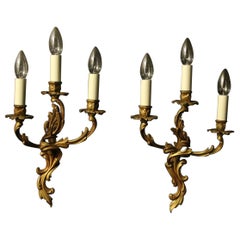 French Pair of Gilded Triple Arm Wall Lights