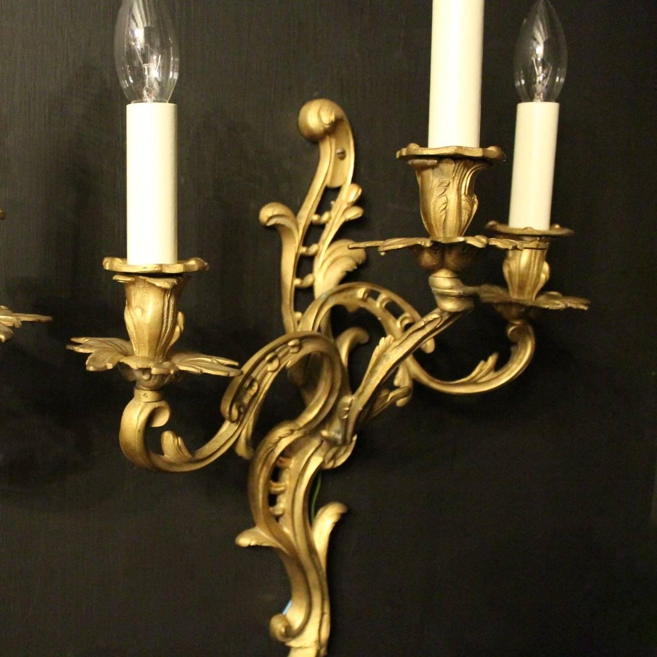 A French pair of gilded brass triple arm antique wall lights, the pierced acanthus leaf scrolling arms with leaf bobeche drip pans and bulbous leaf candle sconces, issuing from a pierced acanthus leaf backplate, crisp gilded patination and nice
