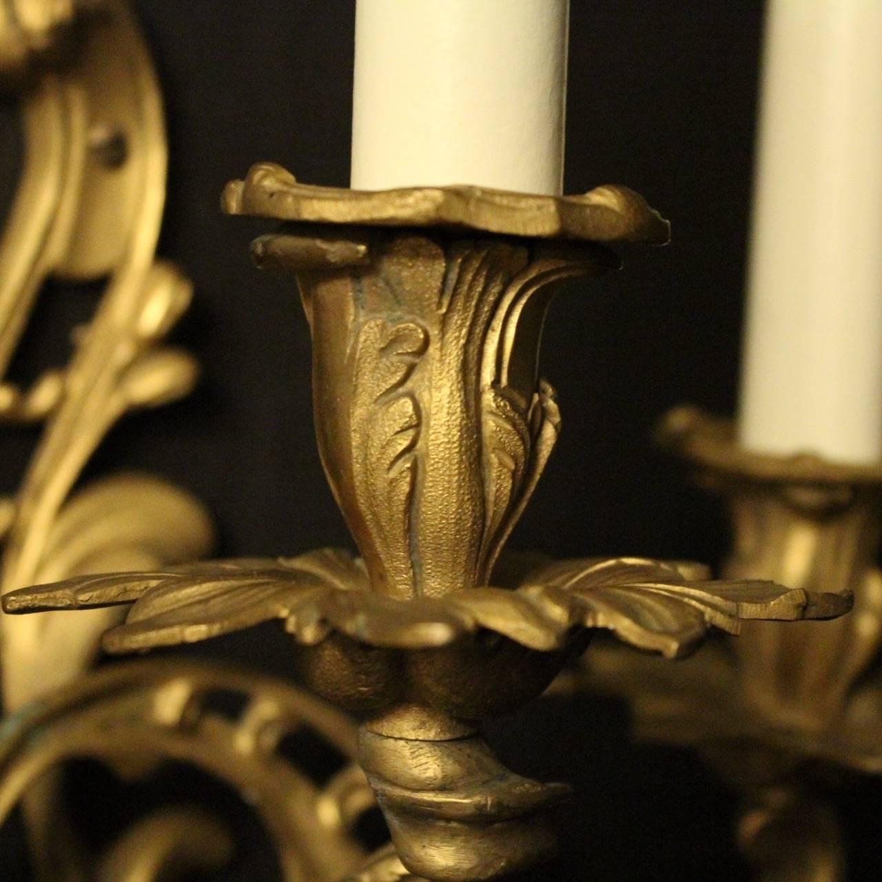 French Pair of Gilded Triple Light Antique Wall Lights In Good Condition For Sale In Chester, GB
