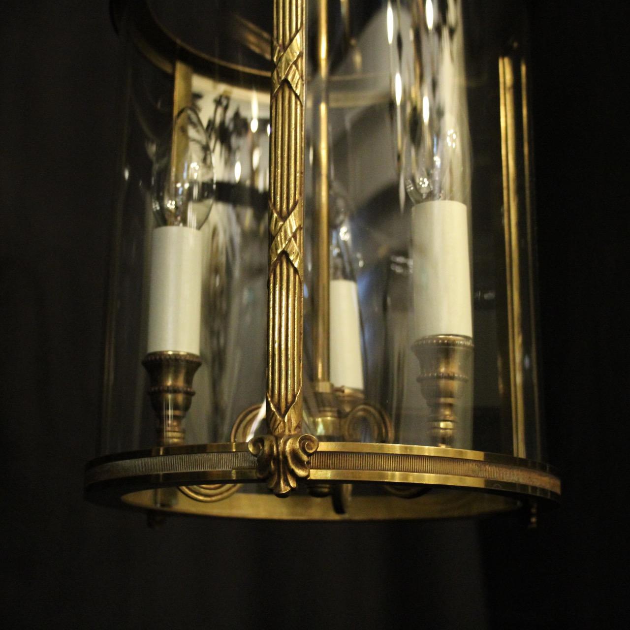 Gilt French Pair of Gilded Triple Light Convex Antique Hall Lanterns