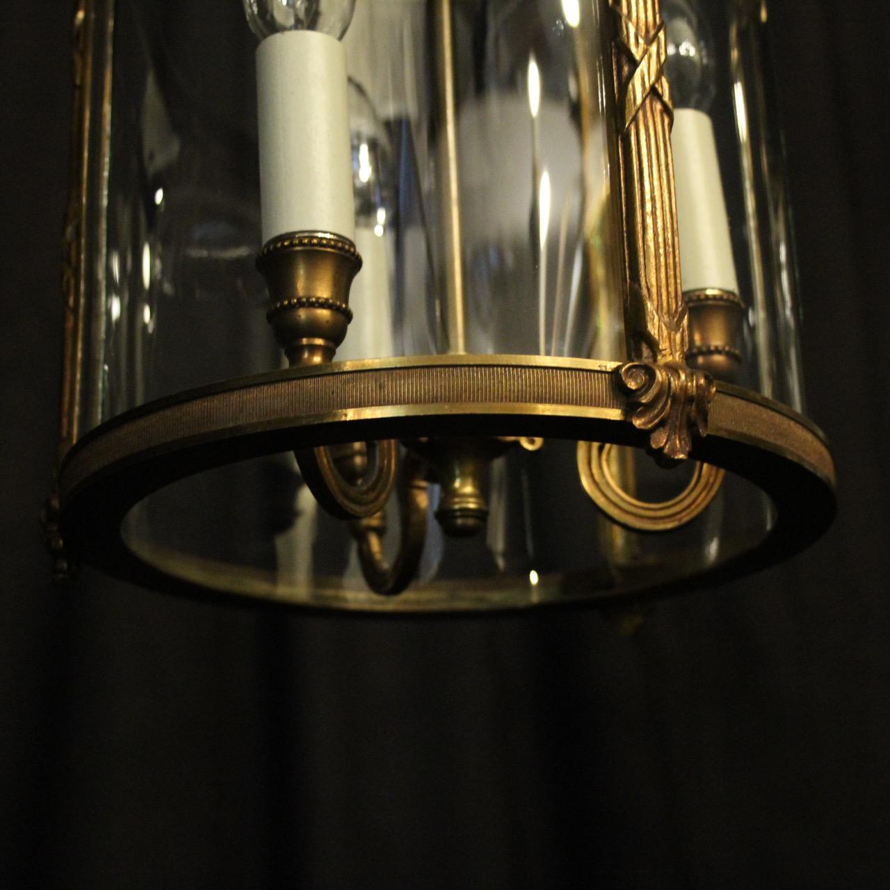 French Pair of Gilded Triple Light Convex Antique Hall Lanterns 1