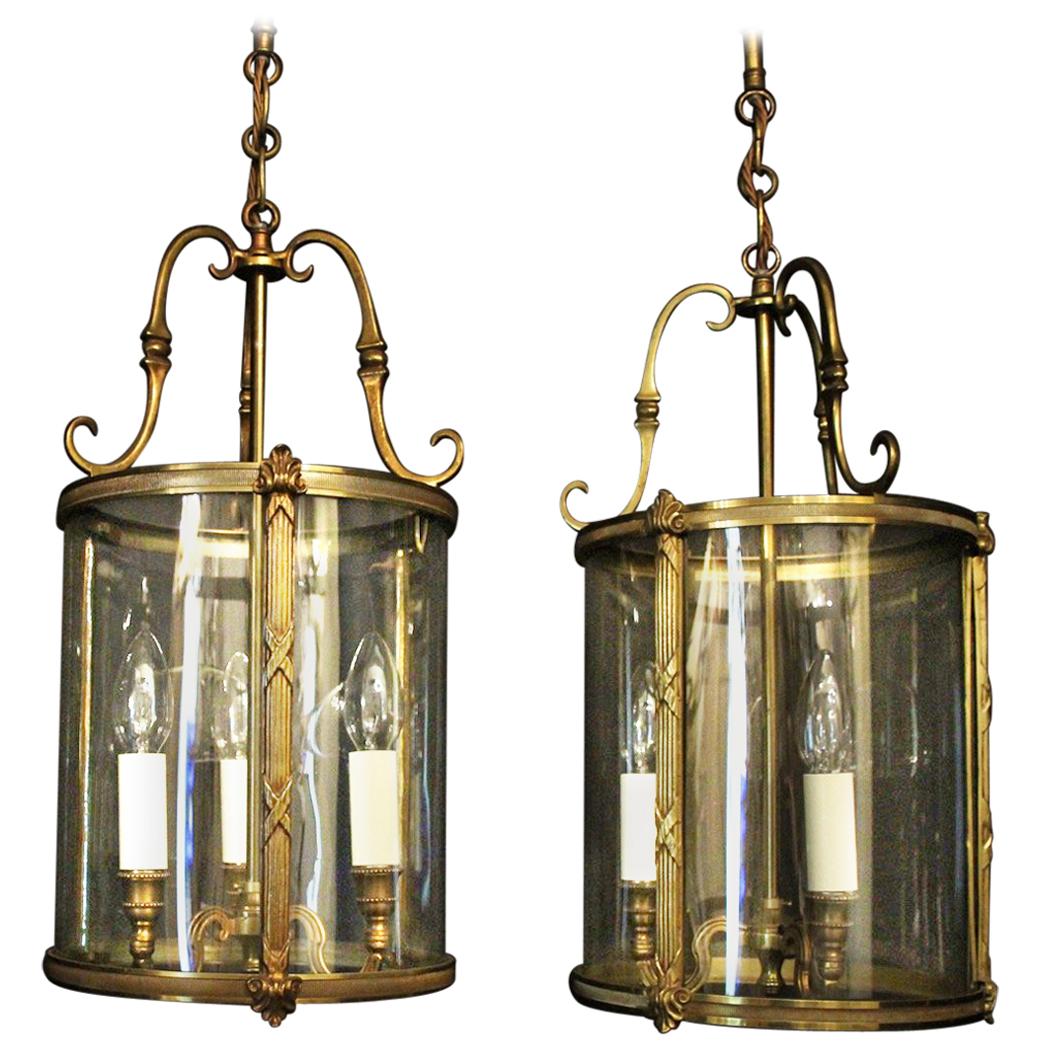 French Pair of Gilded Triple Light Convex Antique Hall Lanterns
