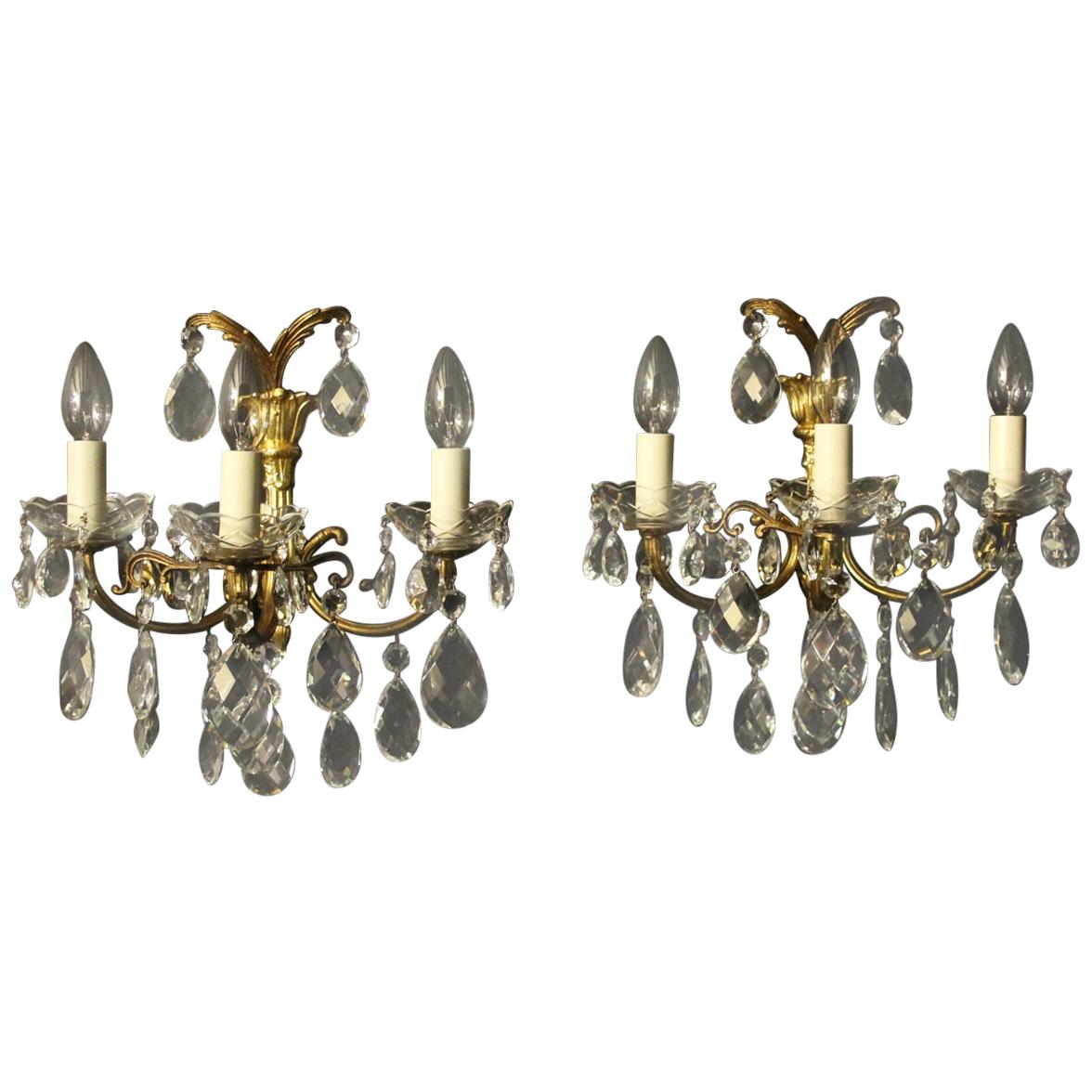 French Pair of Gilt and Crystal Antique Wall Lights For Sale