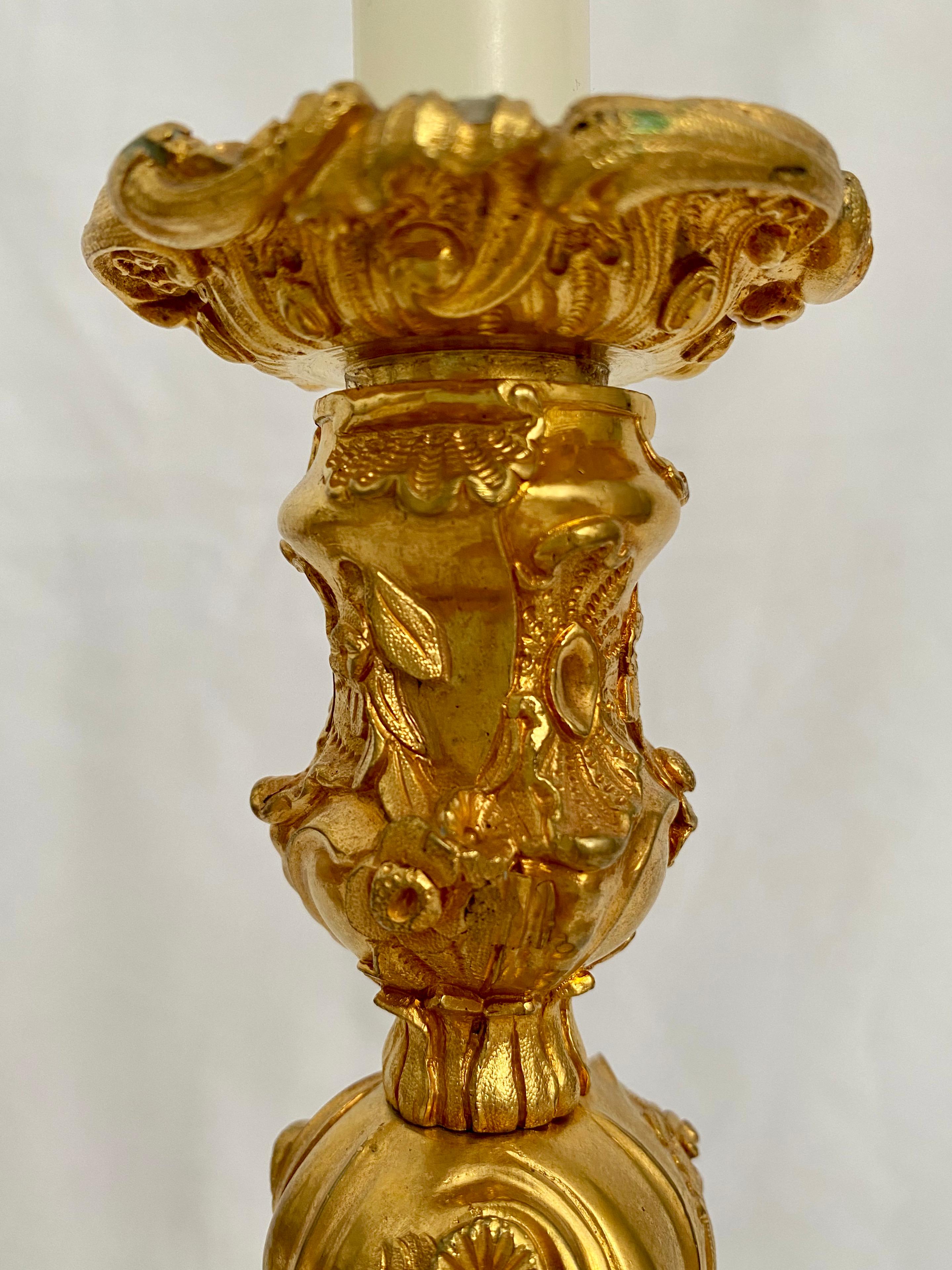 French Pair of Gilt Bronze Louis XV Style Candlesticks Decorated with Flowers For Sale 7