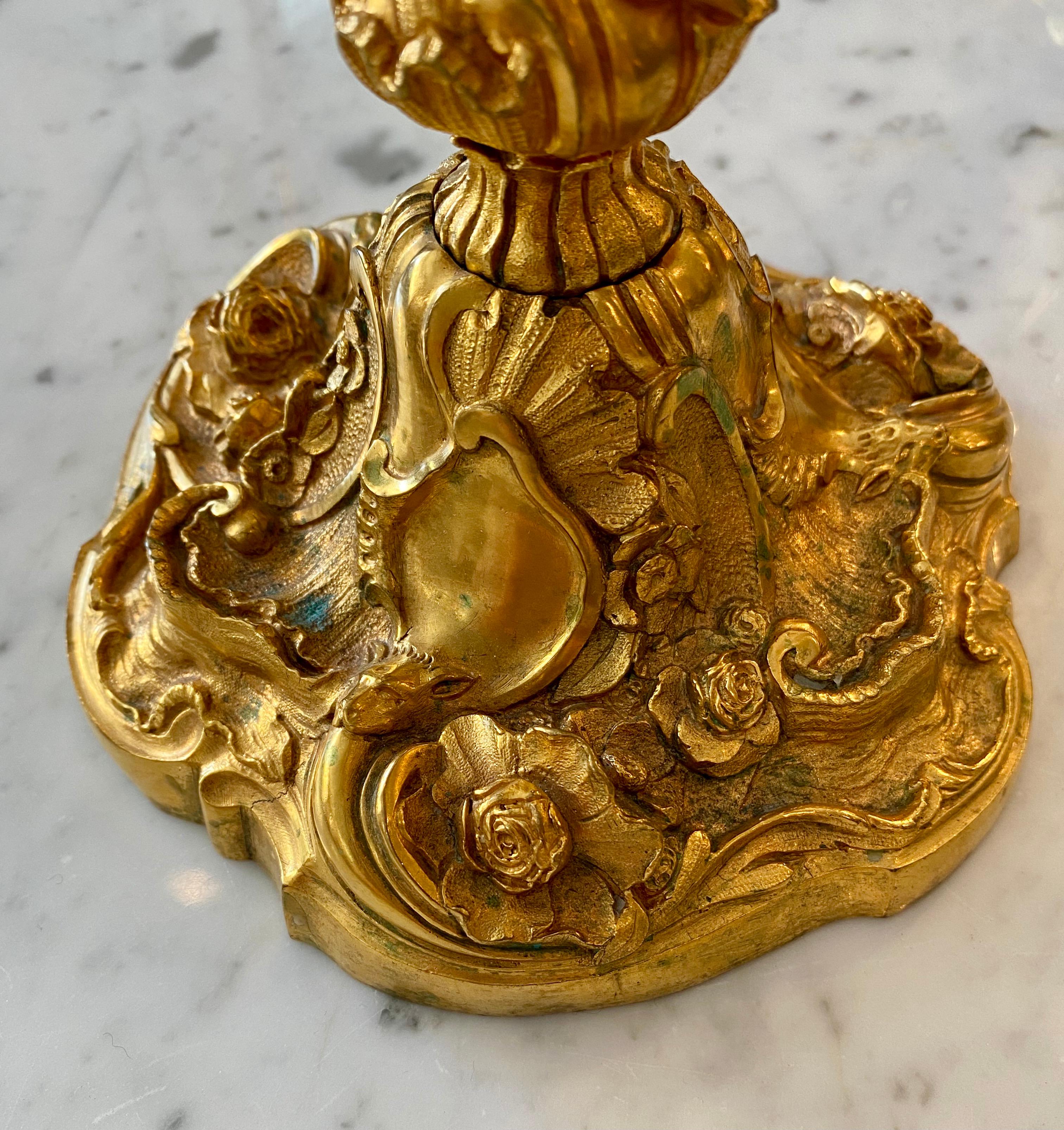 French Pair of Gilt Bronze Louis XV Style Candlesticks Decorated with Flowers 11