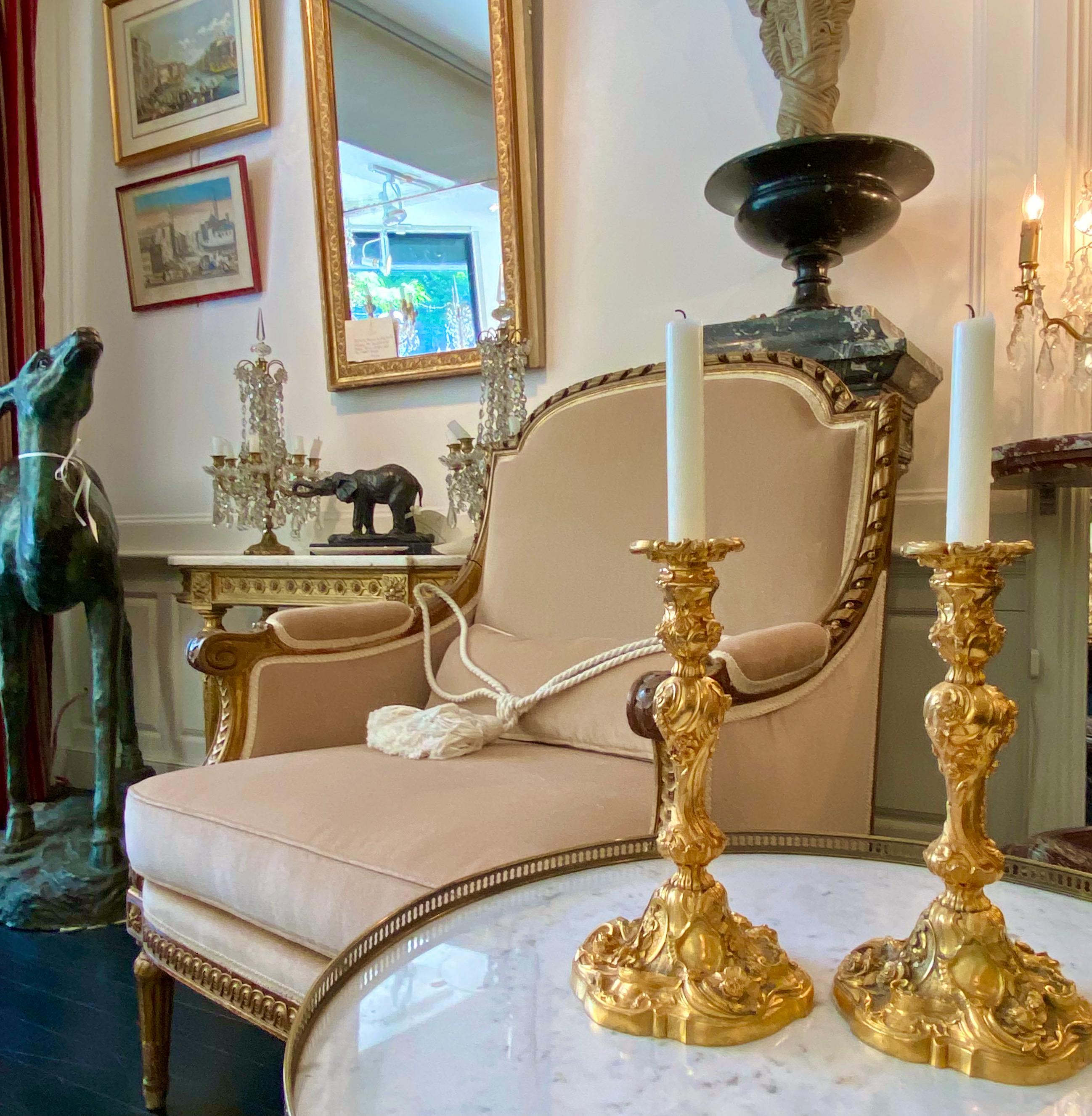 French Pair of Gilt Bronze Louis XV Style Candlesticks Decorated with Flowers For Sale 16