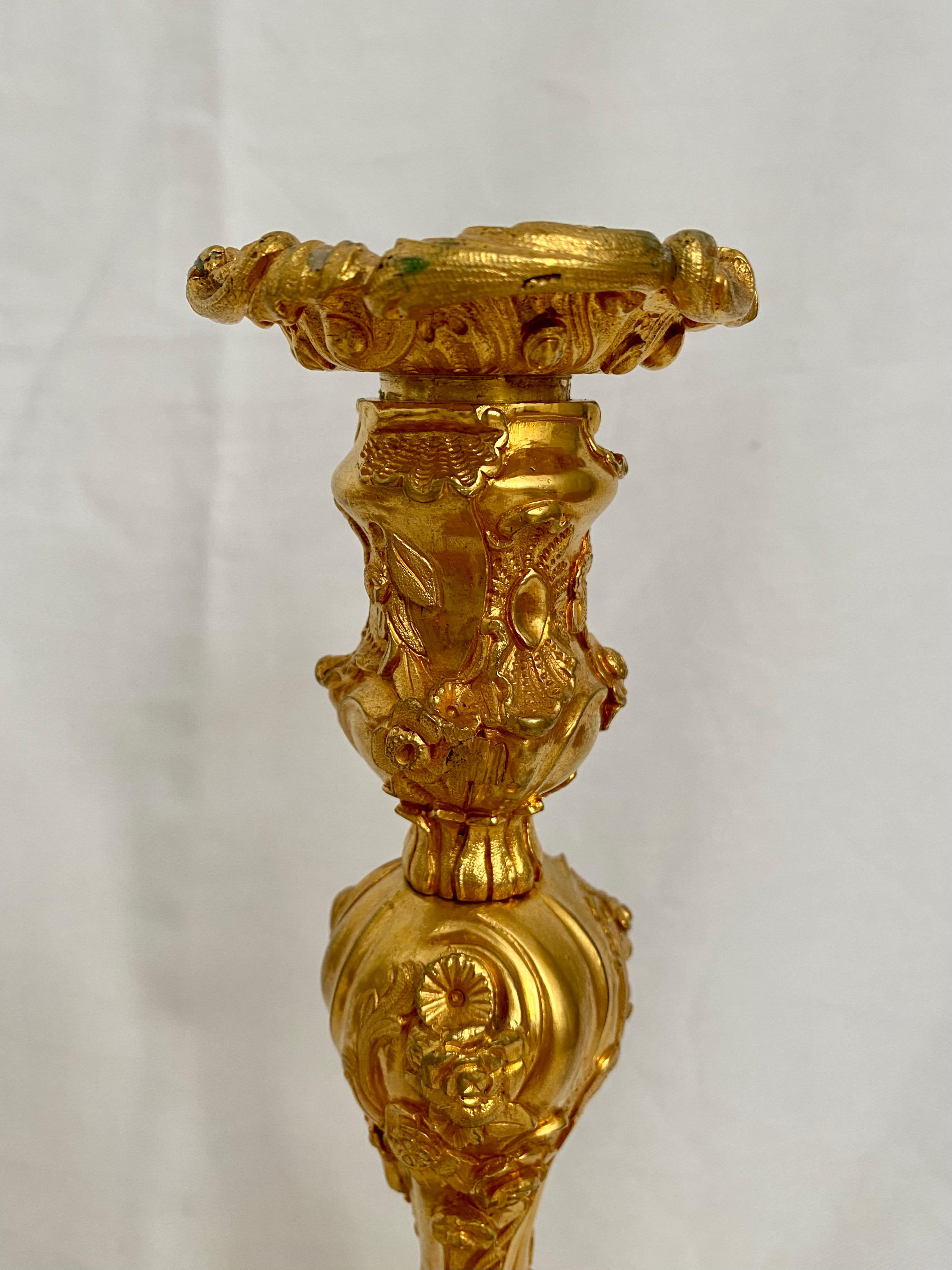 19th Century French Pair of Gilt Bronze Louis XV Style Candlesticks Decorated with Flowers For Sale