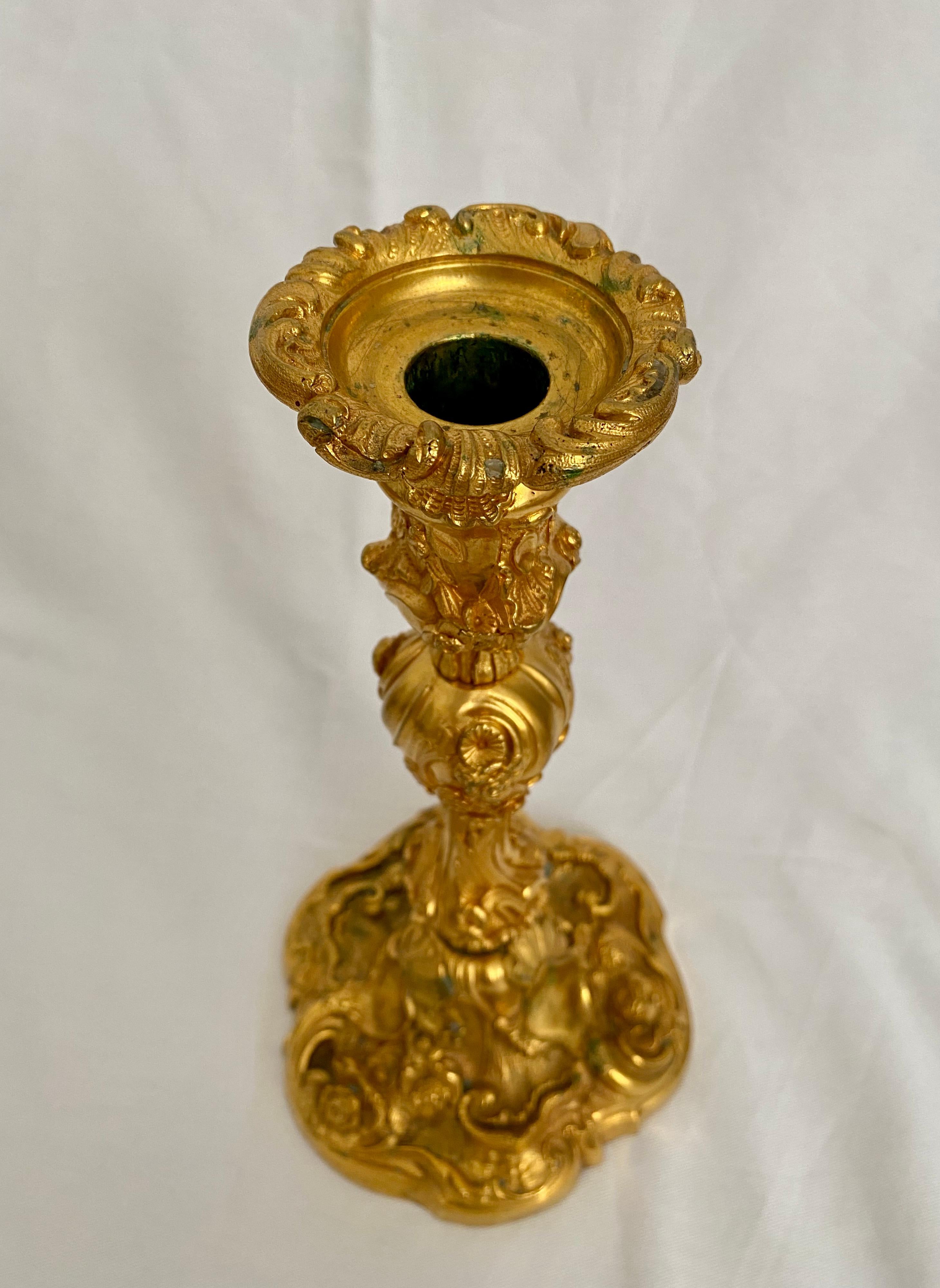 French Pair of Gilt Bronze Louis XV Style Candlesticks Decorated with Flowers 4