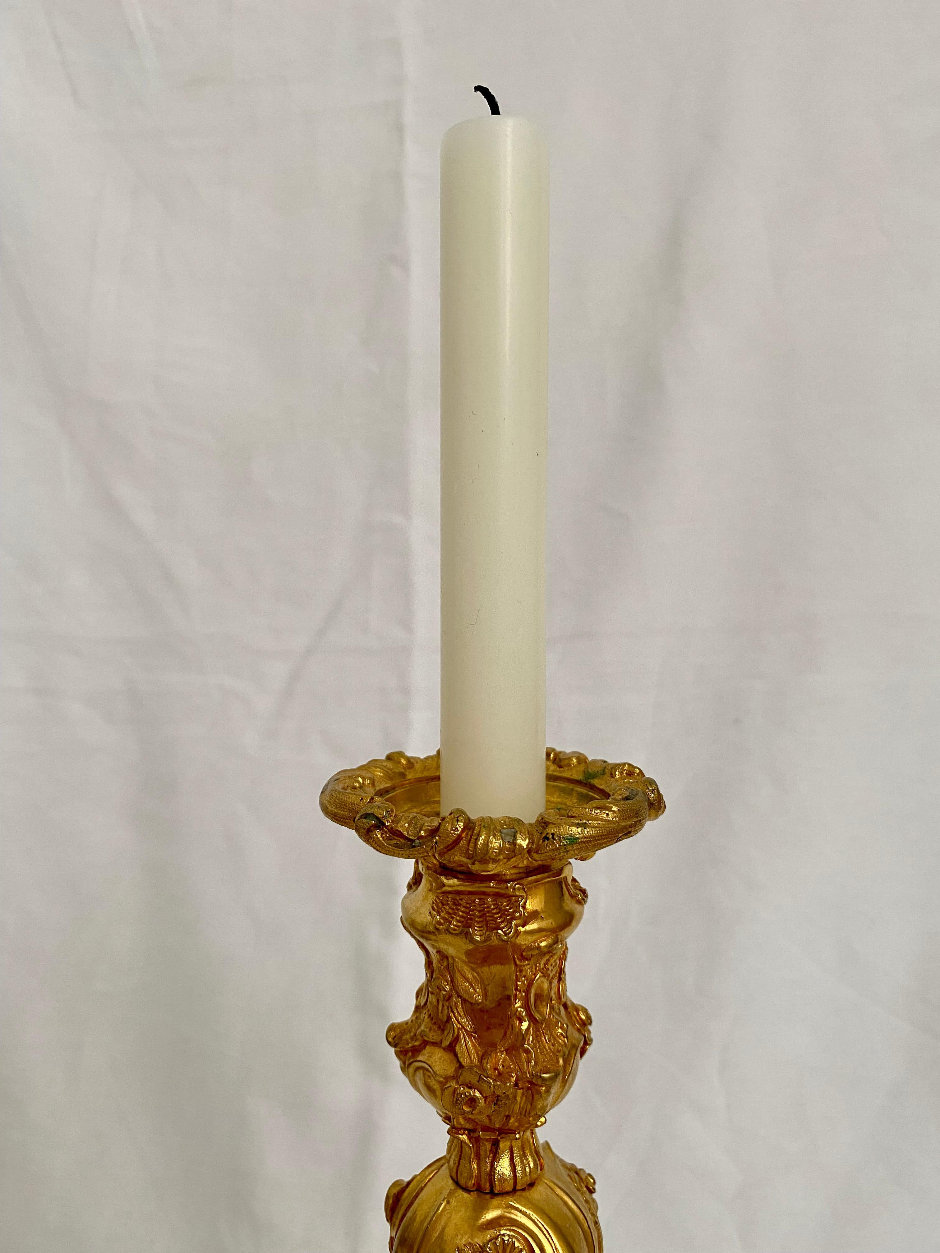 French Pair of Gilt Bronze Louis XV Style Candlesticks Decorated with Flowers For Sale 5