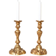 Antique French Pair of Gilt Bronze Louis XV Style Candlesticks Decorated with Flowers