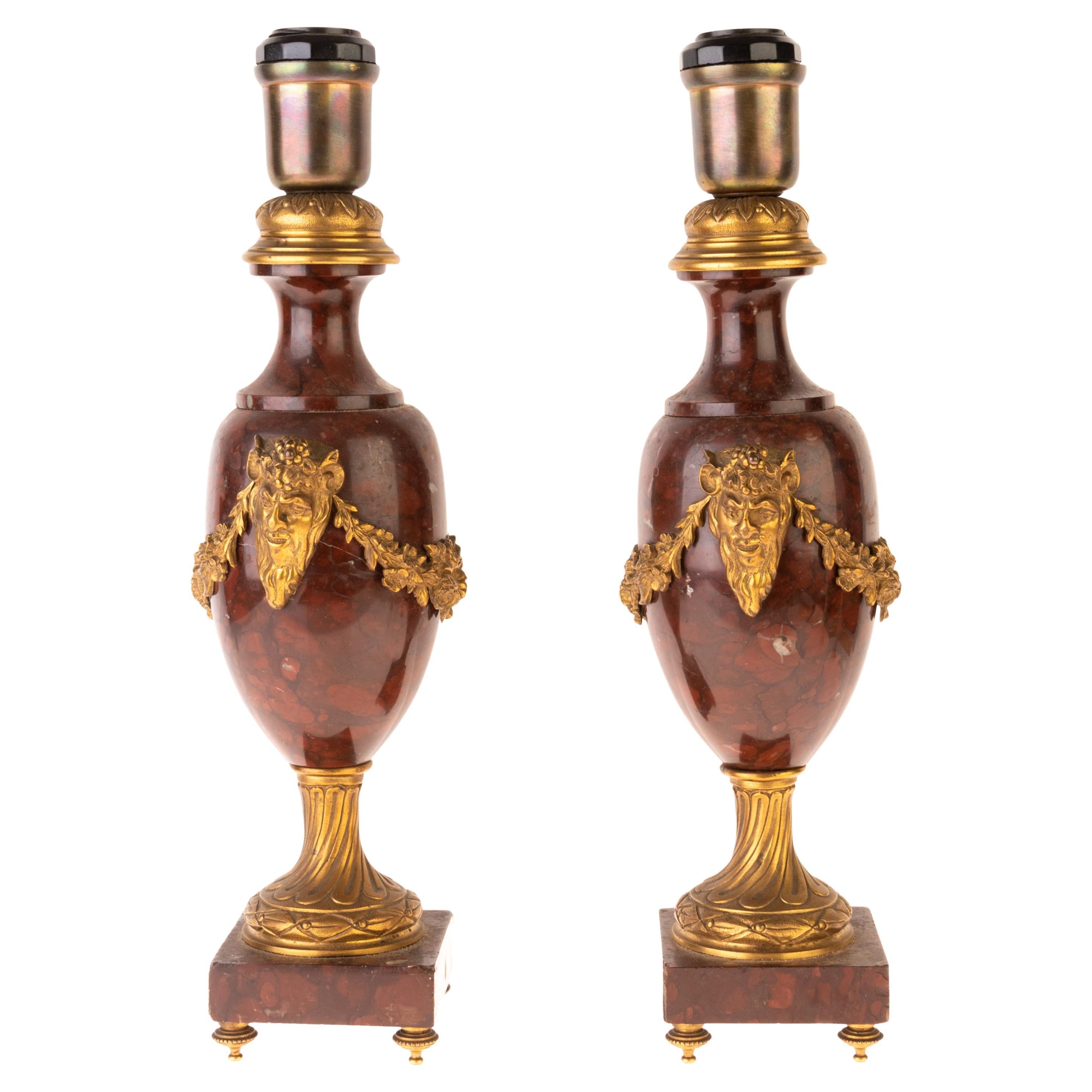 French Pair of Gilt Bronze & Rouge Marble Satyr-Mounted Urn Lamps 19th Century