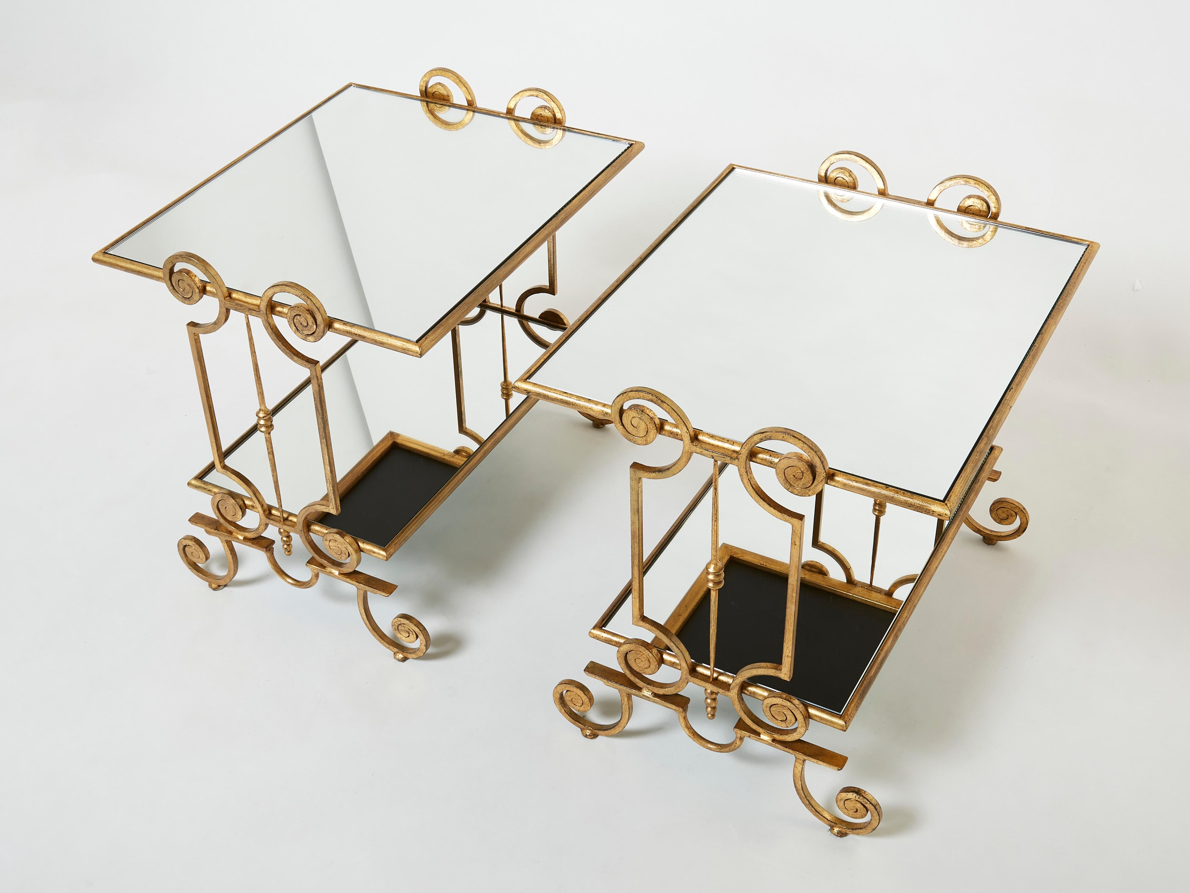 Mid-20th Century French Pair of Gilt Wrought Iron Mirror Two-Tier End Tables 1950s For Sale