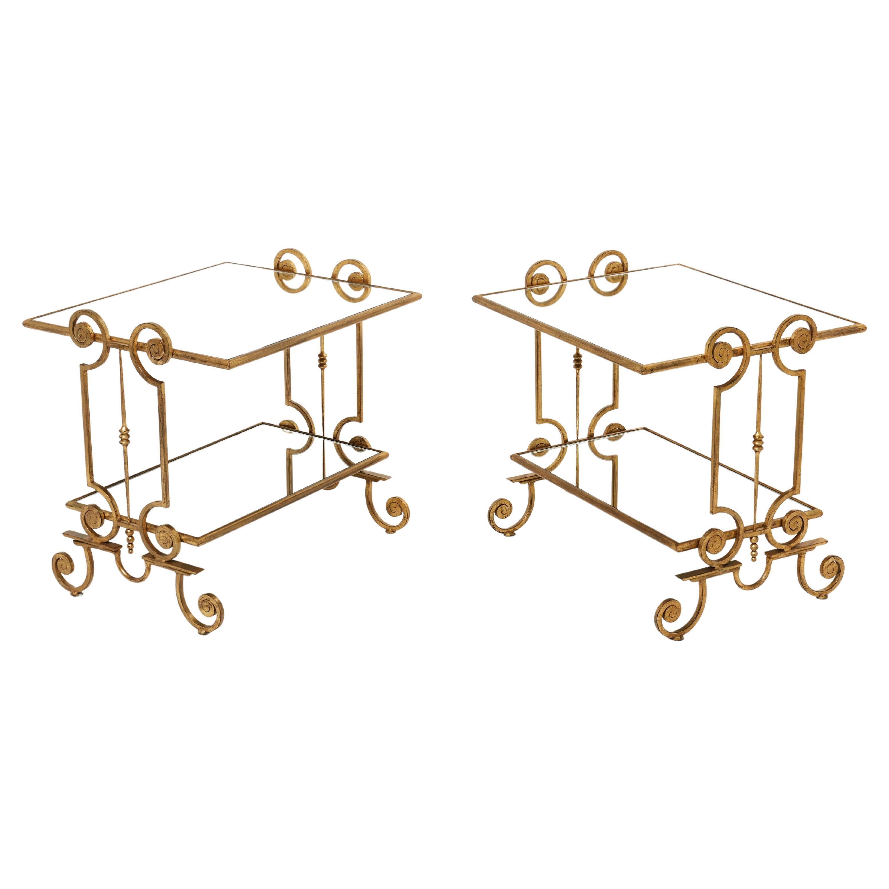French Pair of Gilt Wrought Iron Mirror Two-Tier End Tables 1950s For Sale