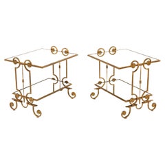 Vintage French Pair of Gilt Wrought Iron Mirror Two-Tier End Tables 1950s