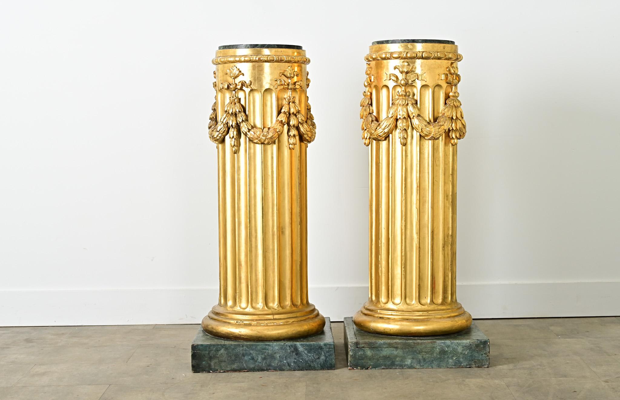 Neoclassical French Pair of Giltwood & Marble Top Columns For Sale