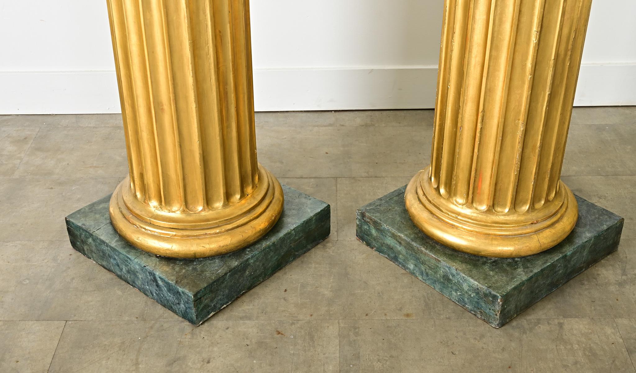 Gold French Pair of Giltwood & Marble Top Columns For Sale