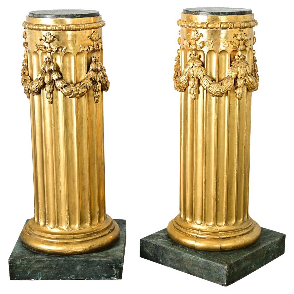 French Pair of Giltwood & Marble Top Columns