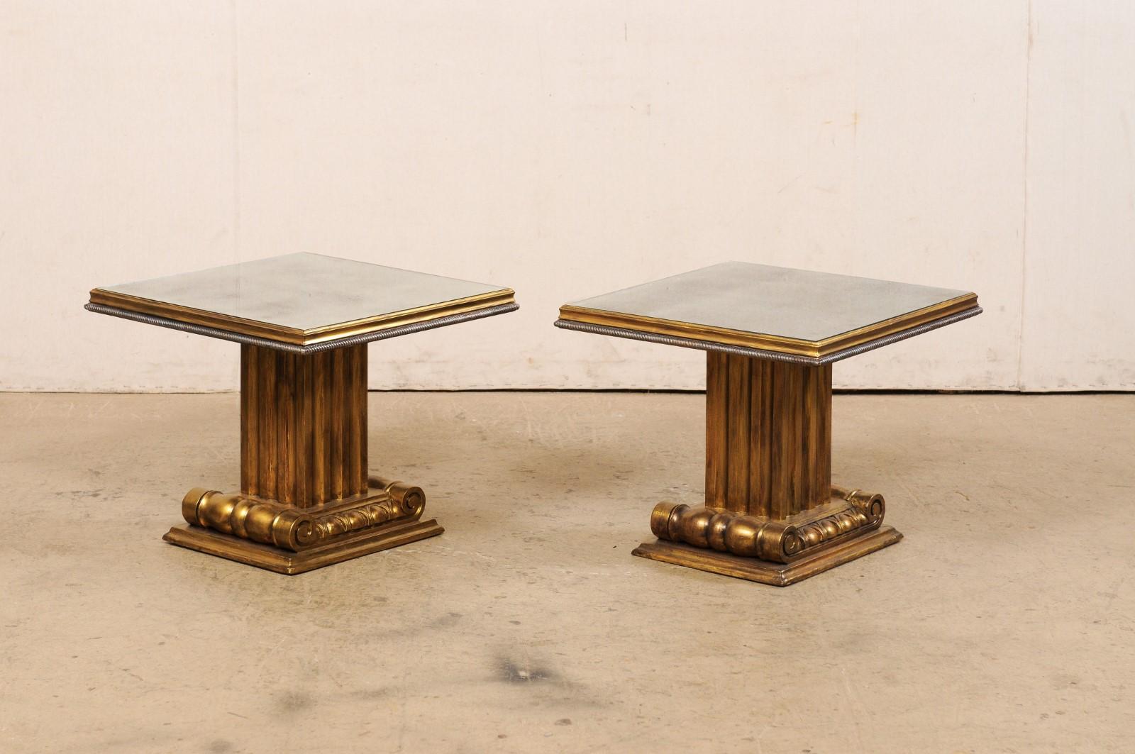 French Pair of Gold & Antiqued Mirror Top Pedestal Side Tables For Sale 5