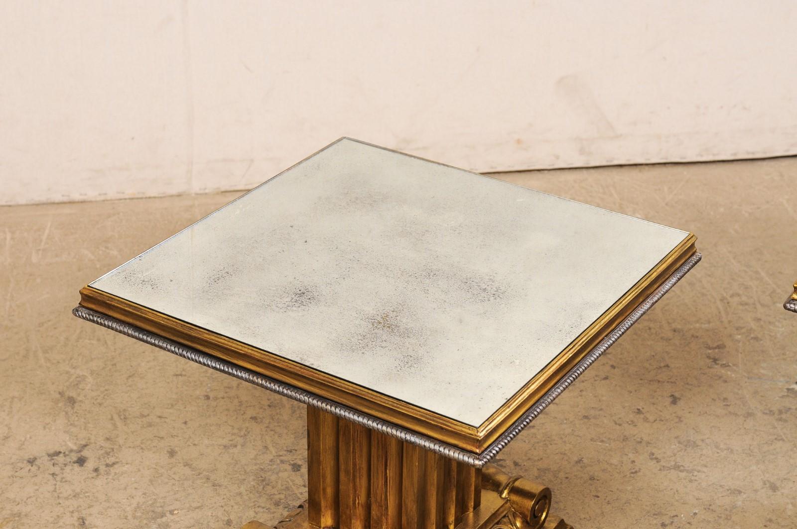 French Pair of Gold & Antiqued Mirror Top Pedestal Side Tables For Sale 6