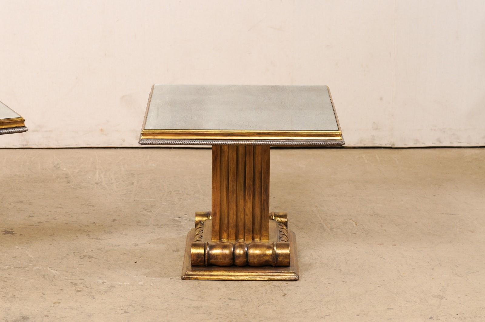 20th Century French Pair of Gold & Antiqued Mirror Top Pedestal Side Tables For Sale